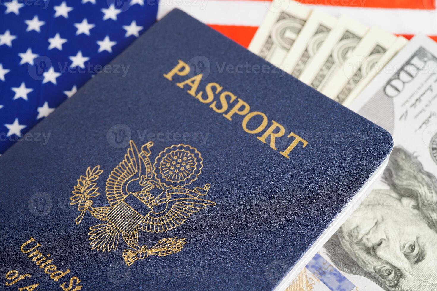 US passport with USA dollar money, American citizen in United States of America. photo