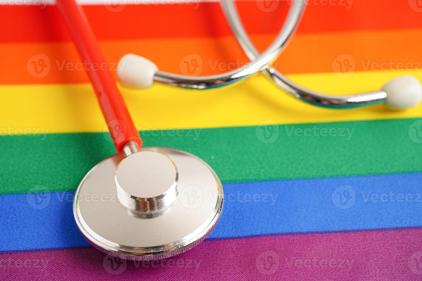 LGBT symbol, Stethoscope with rainbow ribbon, rights and gender equality, LGBT Pride Month in June. photo