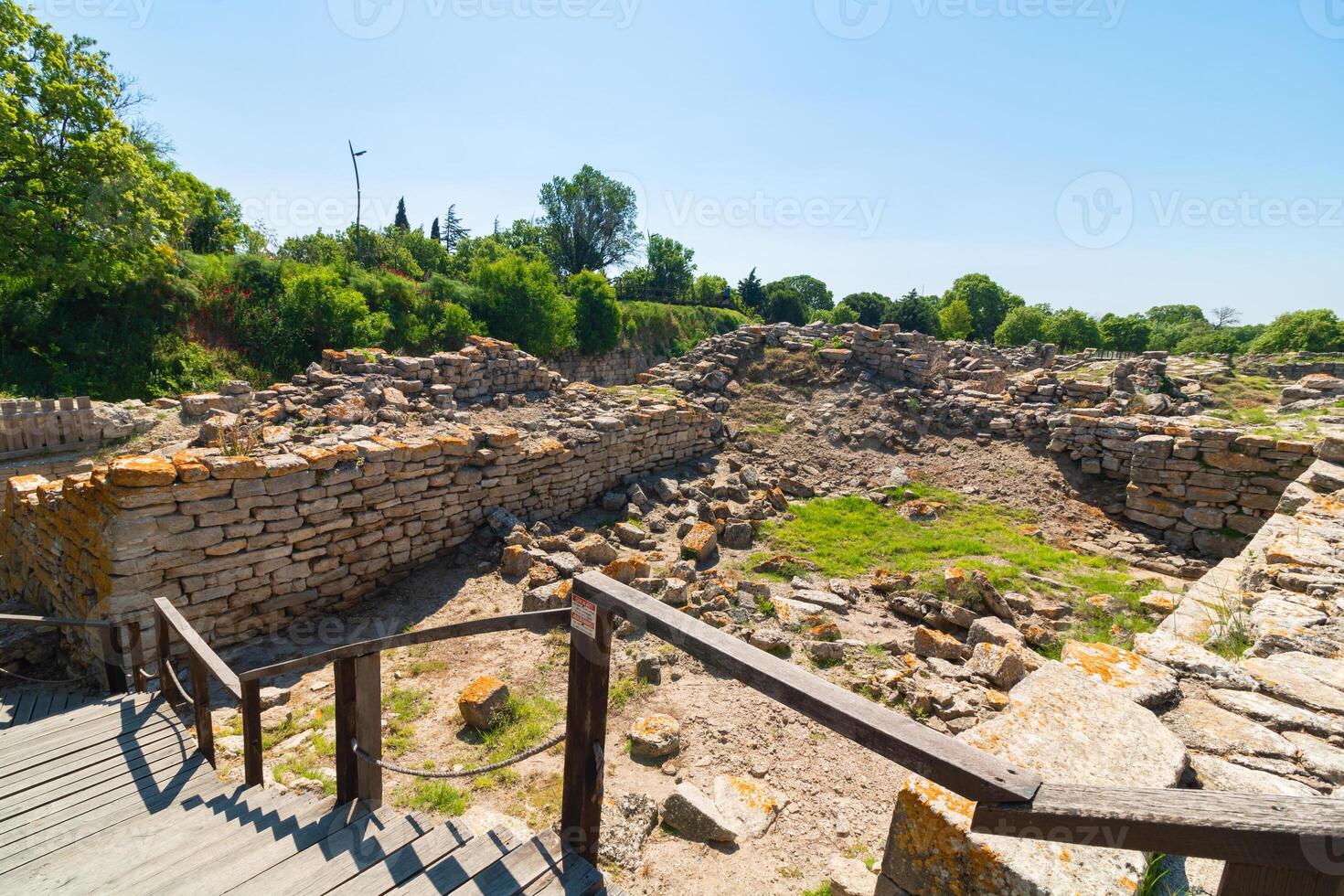 Troy ancient city ruins and wooden walkway. Visit Turkey concept photo