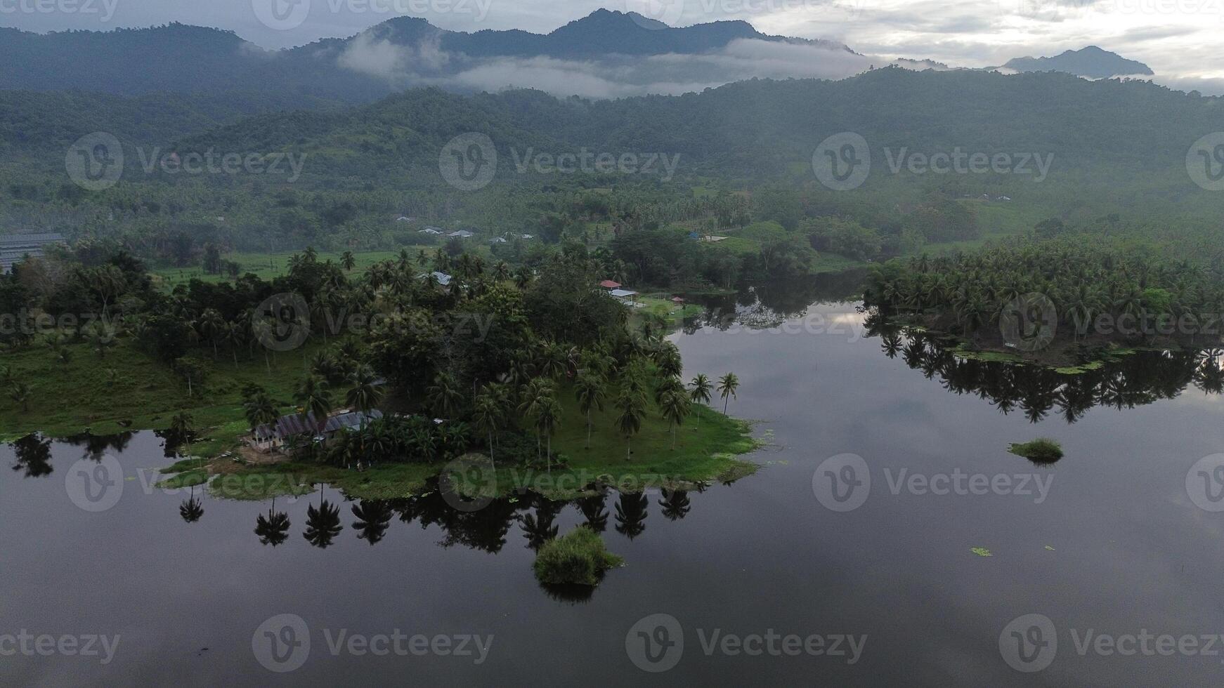 Aerial view of Perintis Lake surrounded by trees photo