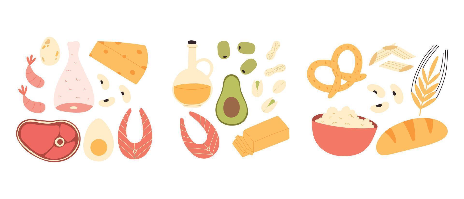 conjunto de sano macronutrientes. proteínas, grasas y carbohidratos o carbohidratos presentado por comida productos plano ilustración de nutrición categorías aislado en blanco antecedentes vector