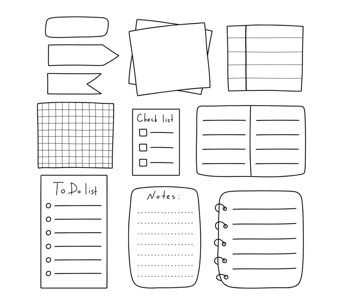 Task planners in doodle style. Cute paper notes, to-do lists, notepads, paper sheets, bookmarks. illustration. A set of sheets for notes. vector