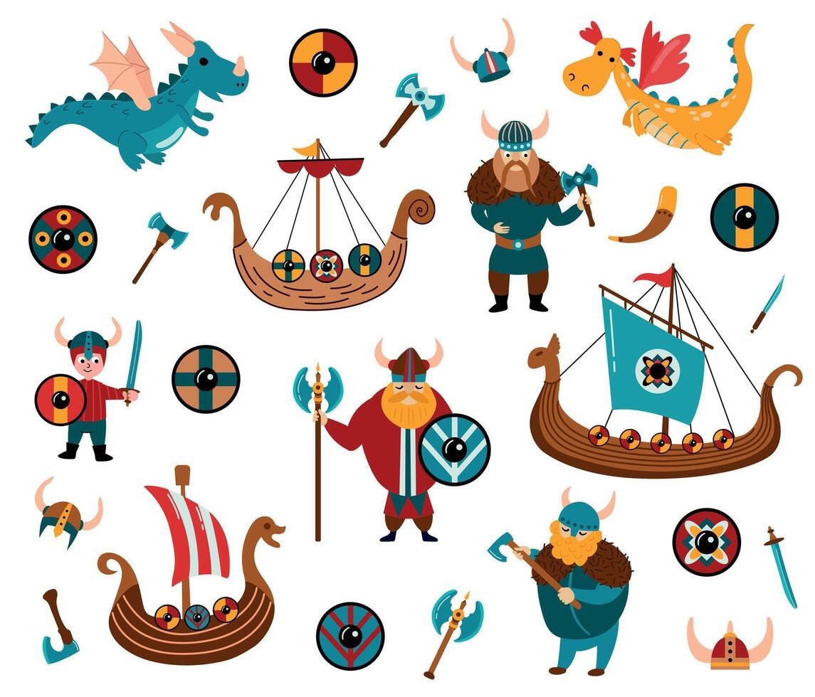 vikingos colocar. drakkars, escudos, hacha, casco, espada, dragones, cuchillo vector