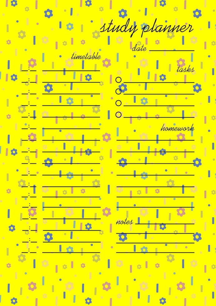 Study planner design for kids in bright colors. Worksheet design template with flourish background vector