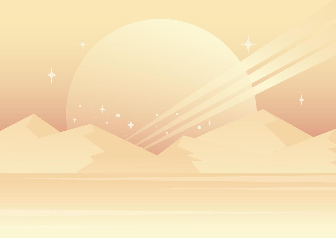 Saturn rising in the mountains. Aesthetic cosmic planet with stars skyscape. Sahara dunes vector