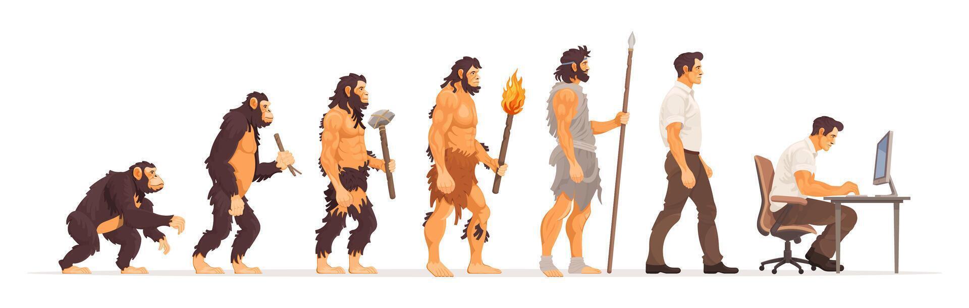 humano evolución desde mono a empresario y computadora usuario concepto. masculino personaje evolucionar pasos desde mono a vertical sapiens. darwin teoría dibujos animados ilustración vector