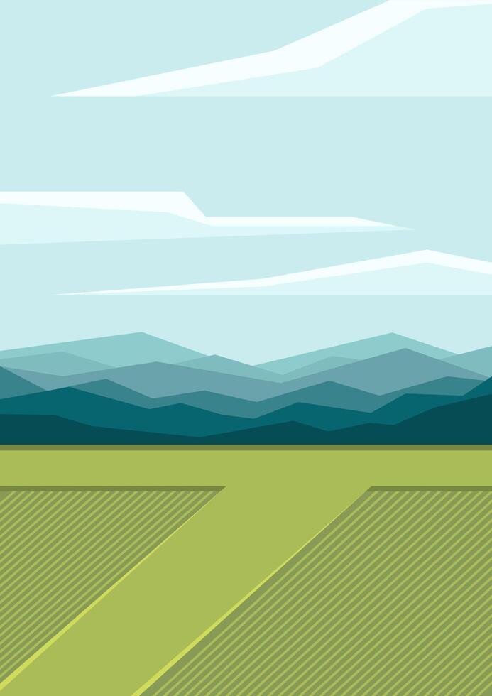 Wheat fields landscape illustration. Beautiful summer countryside. Blue hills, cloudy blue sky, farmland vector