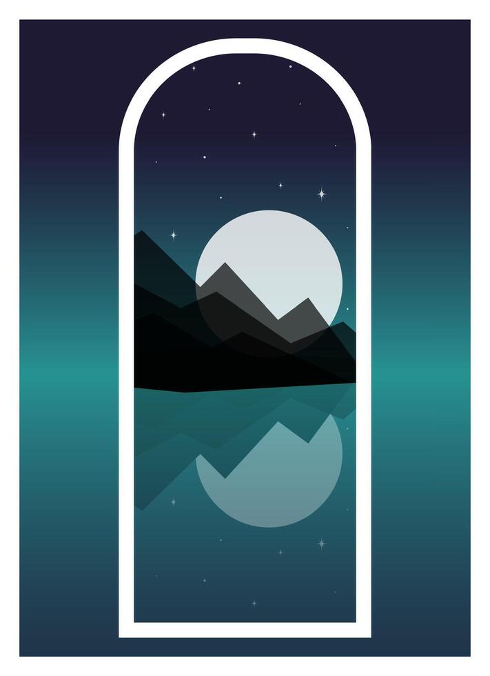 Minimalist aesthetic night mountains landscape view. Nordic midnight, fjord illustration. vector