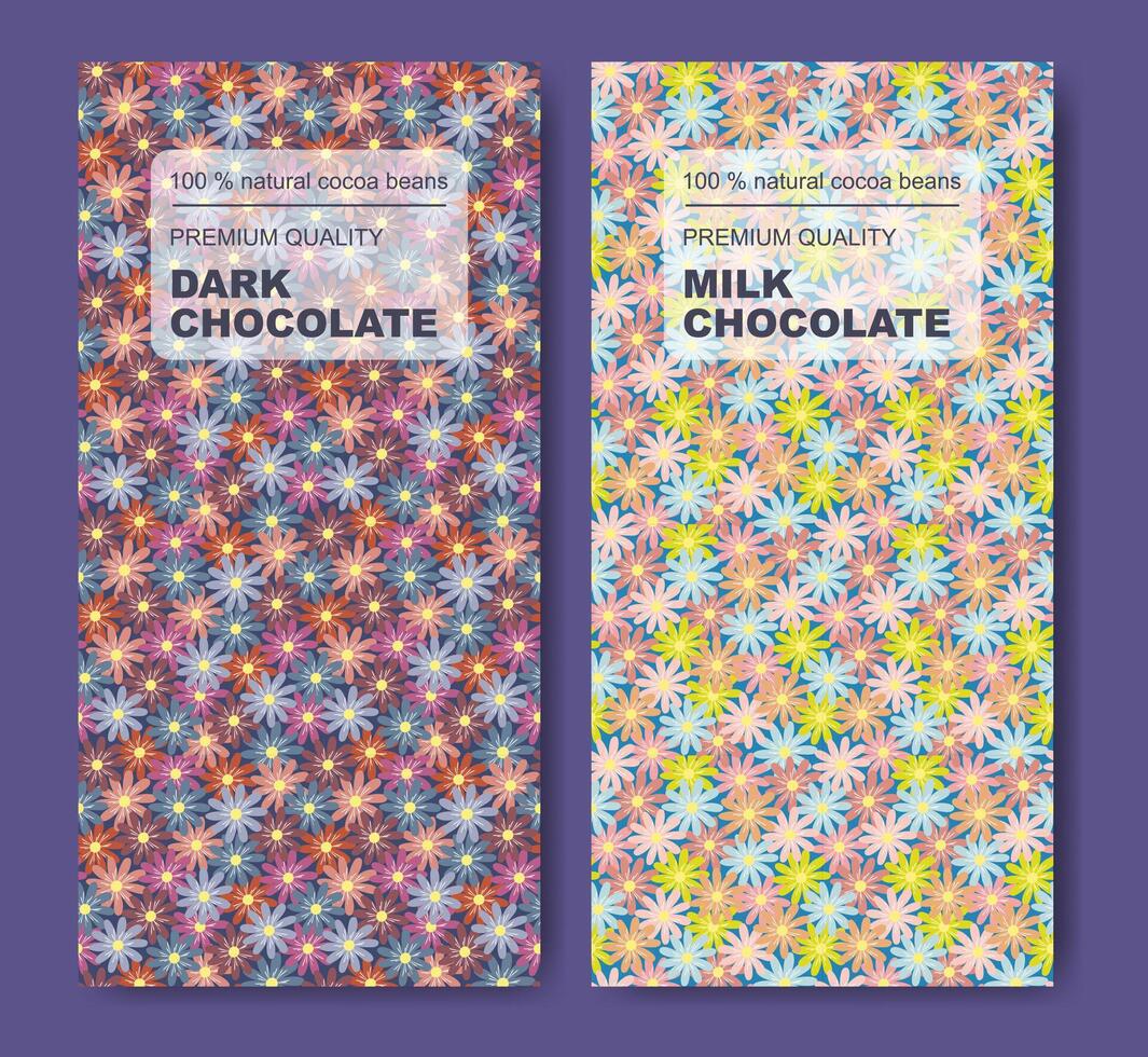 orgánico oscuro y Leche chocolate bar diseño. estético florecer paquete diseño etiqueta colocar. vector