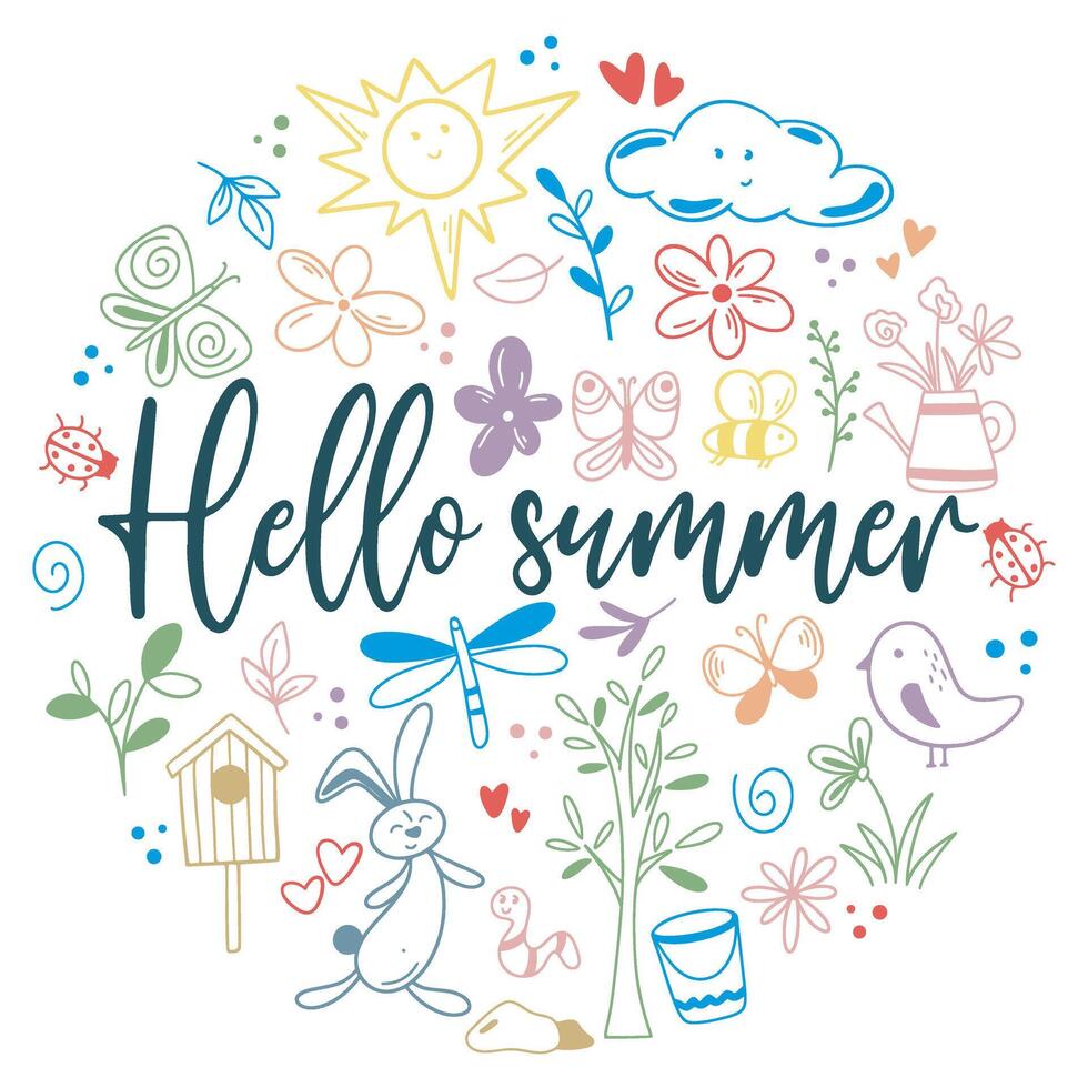 Hello summer banner with doodle elements vector