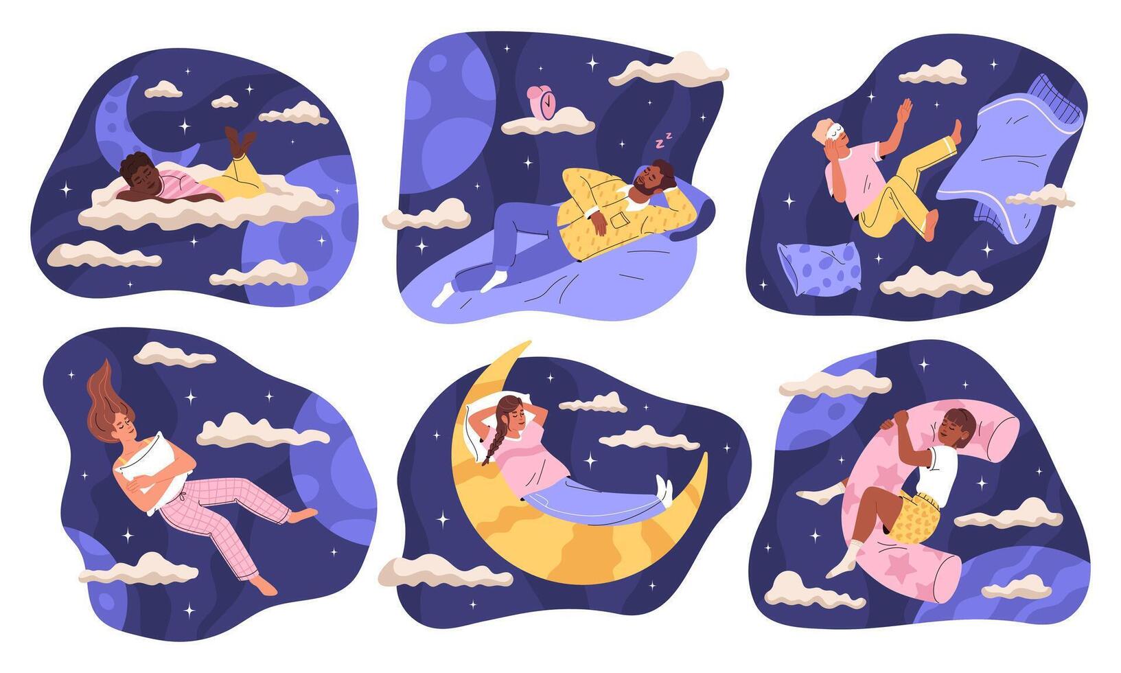 People sleep set. Concept of healthy sleep, dreams. Process of immersing person in sleep. illustration. vector