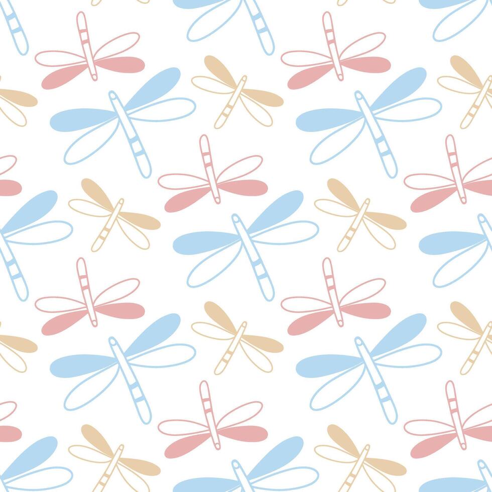 Blue, pink, beige dragonflies seamless pattern vector