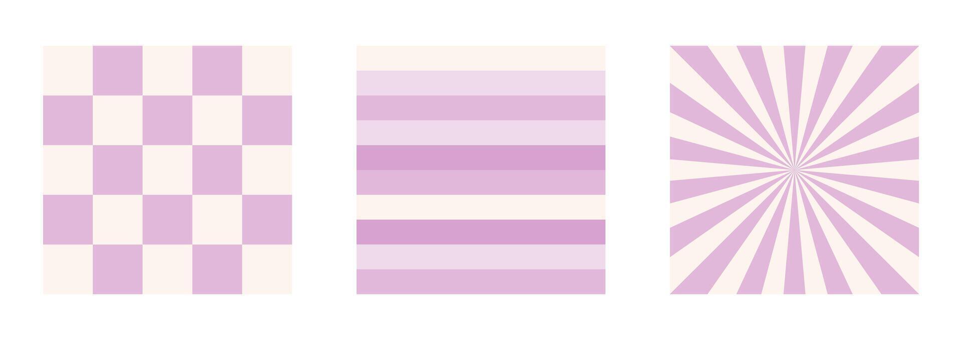 2000s pattern. Set of seamless patterns in pastel shades. The lines and checkerboard are purple. Y2k Aesthetics vector