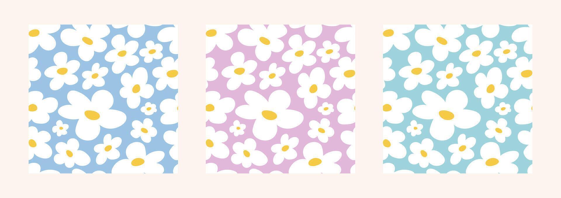 2000s flowers. Set of seamless patterns with abstract white flowers, daisies on a background of delicate pastel shades. y2k background vector