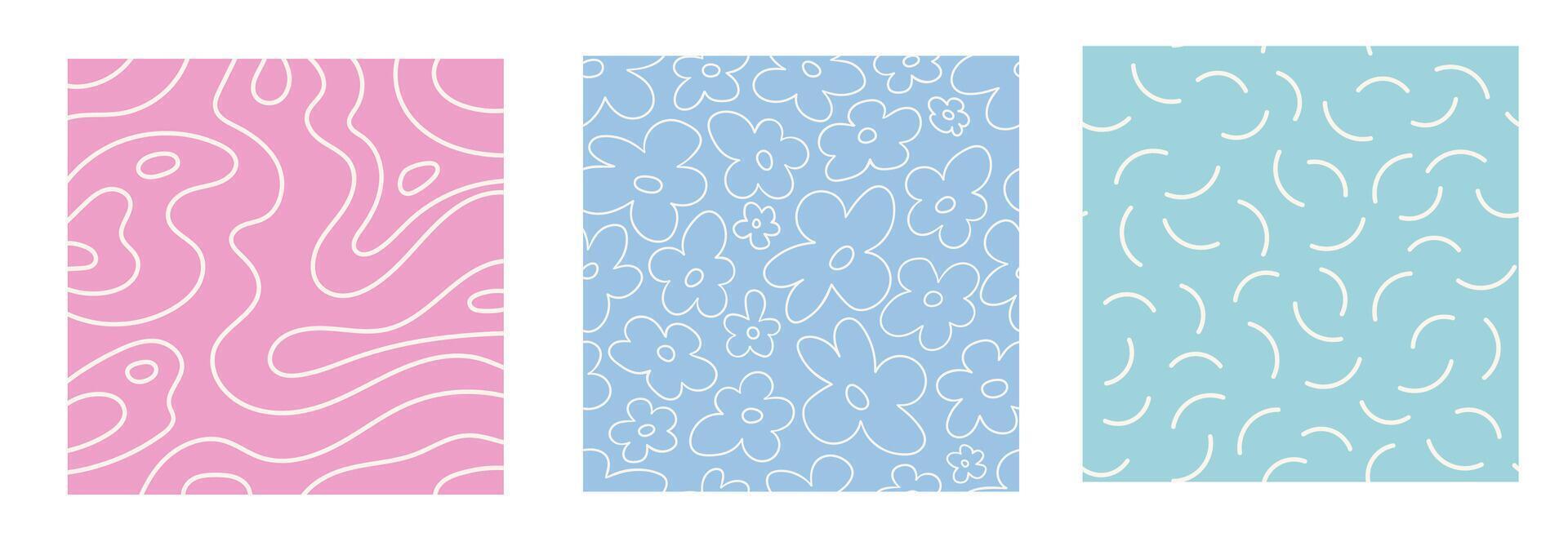 Y2k aesthetics. Set of y2k backgrounds in pastel shades. Abstract flowers. Memphis Background Patterns vector
