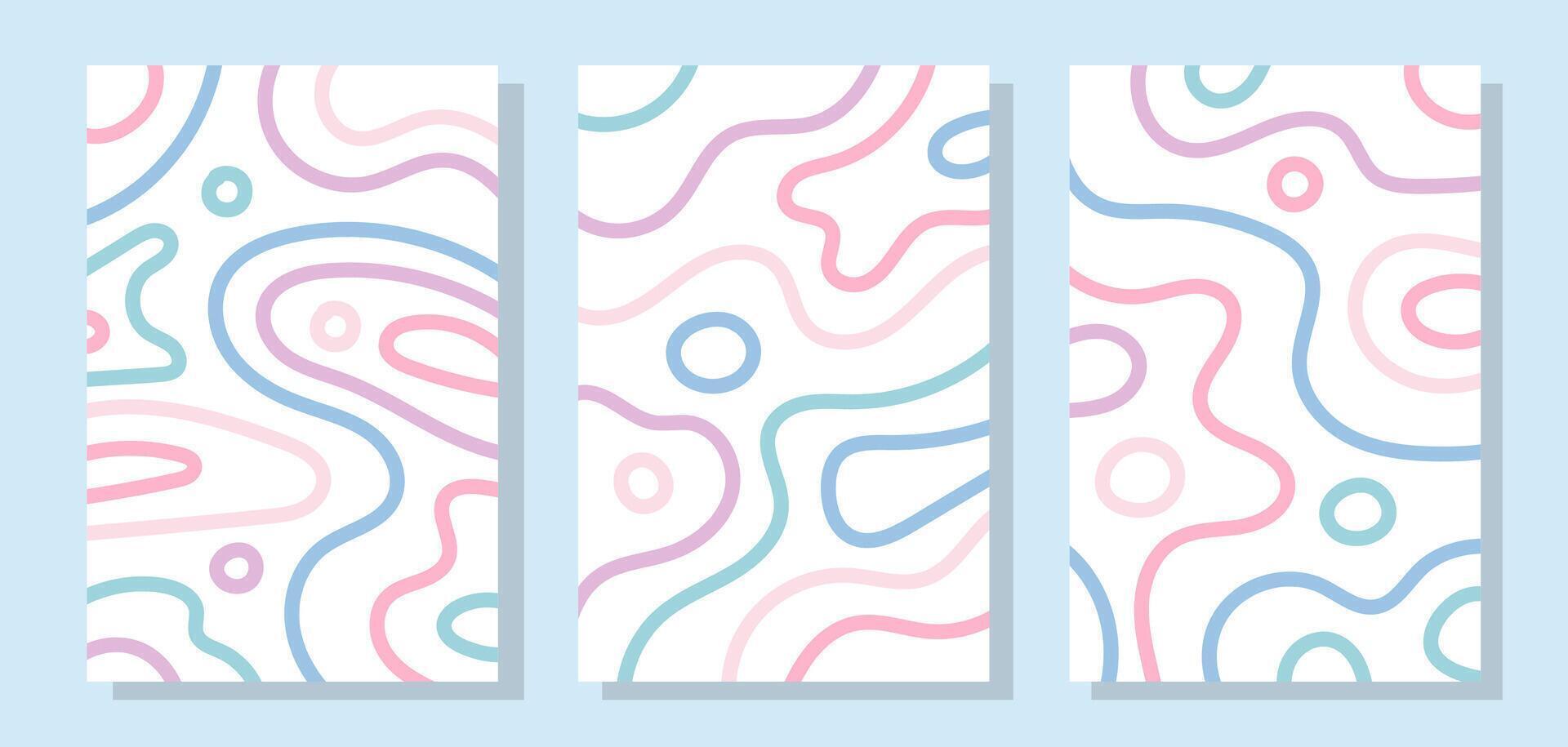 Set of retro style patterns with colored lines in pastel shades. Abstract, topographic lines. Aesthetics 90s, 2000s vector