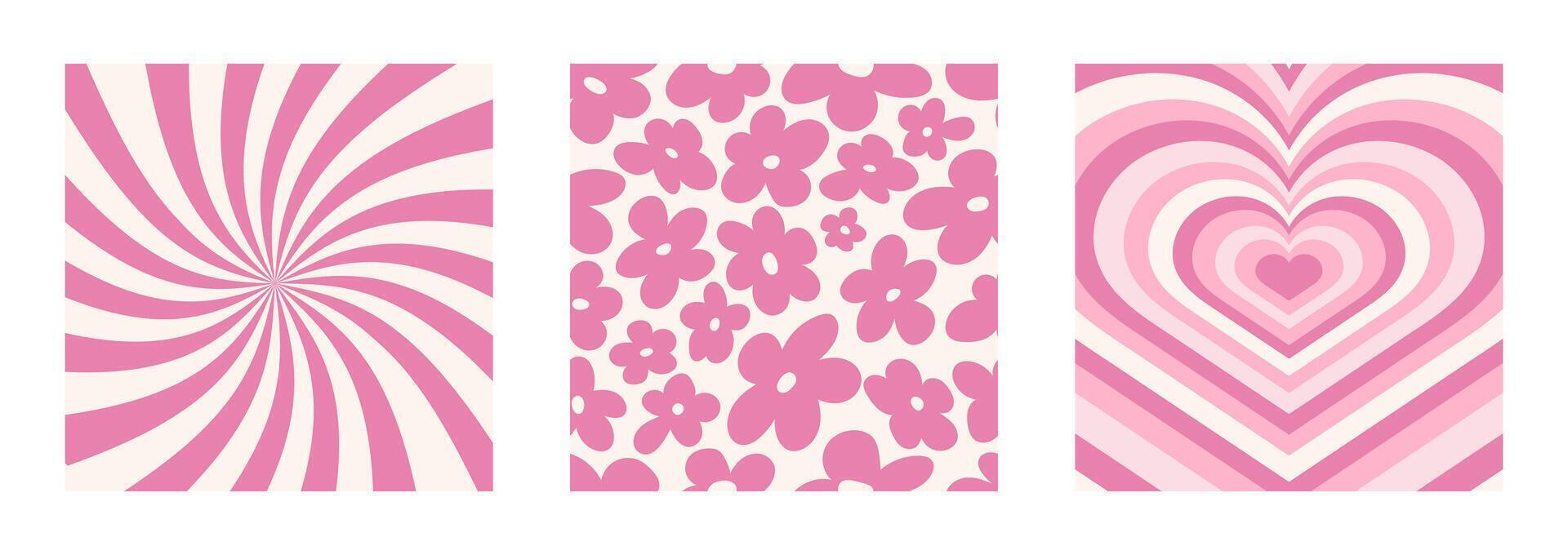 Y2k backgrounds are pink. Flowers, heart, swirls, swirling pattern. Twisted and distorted texture in a trendy retro style of the 2000s. vector