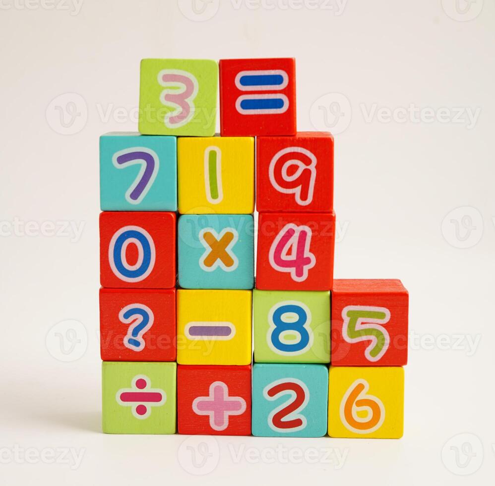 Number wood block cubes for learning Mathematic, education math concept. photo