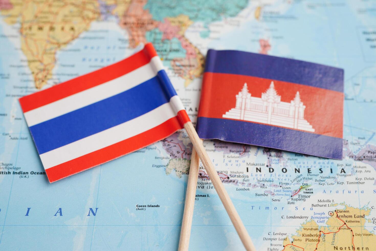Bangkok, Thailand December 10, 2023 Thailand and Cambodia map in world map paper. photo