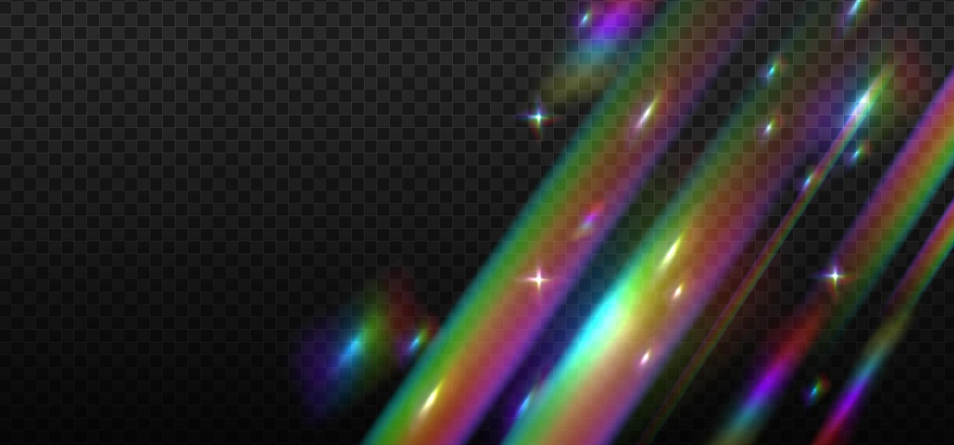 Iridescent crystal leak glare reflection effect. Optical rainbow lights, glare, streak overlay. Falling iridescent rays. colorful lenses and light flares with transparent overlay effects. vector