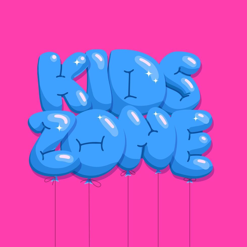 KIDS ZONE lettering quote made of helium balloon in letters shapes. Flat hand drawn balloons with Kids Zone words on magenta background. vector