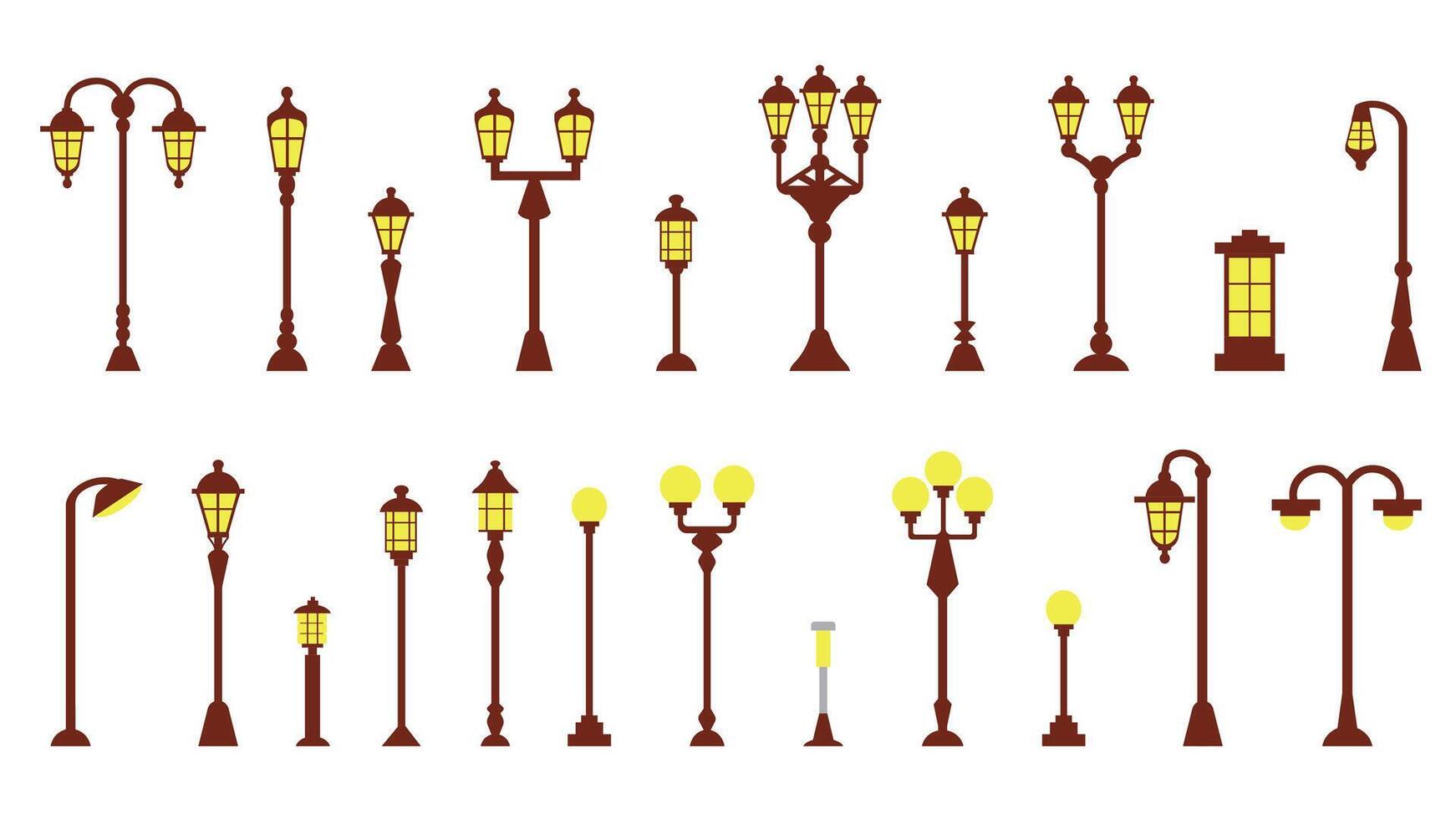 Set of icons from modern and vintage lanterns of elements of urban infrastructure and city parks, illustrations in a flat style. vector