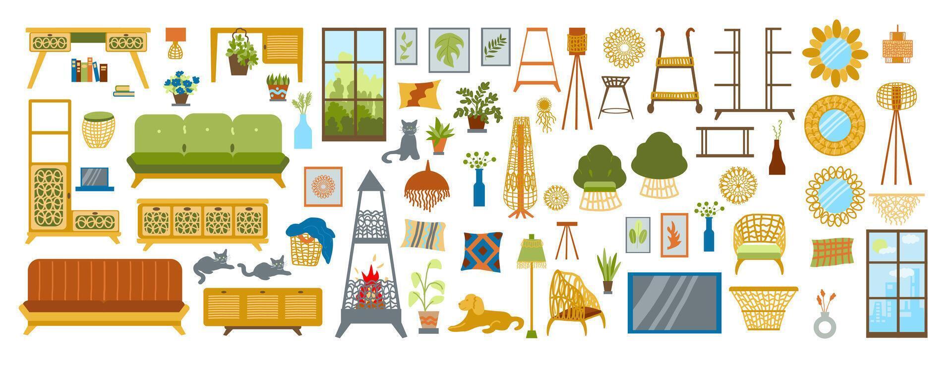 set with furniture and decor for a cozy eco-friendly interior in boho style. A collection of illustrations of furniture in a flat doodle style. vector