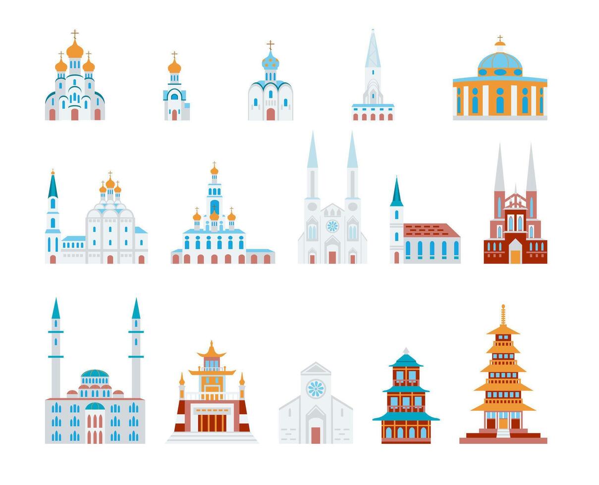 Set of religious buildings of the world Churches Catholic and Christian mosque pagoda Buddhist illustrations in flat cartoon style Isolated on white background vector