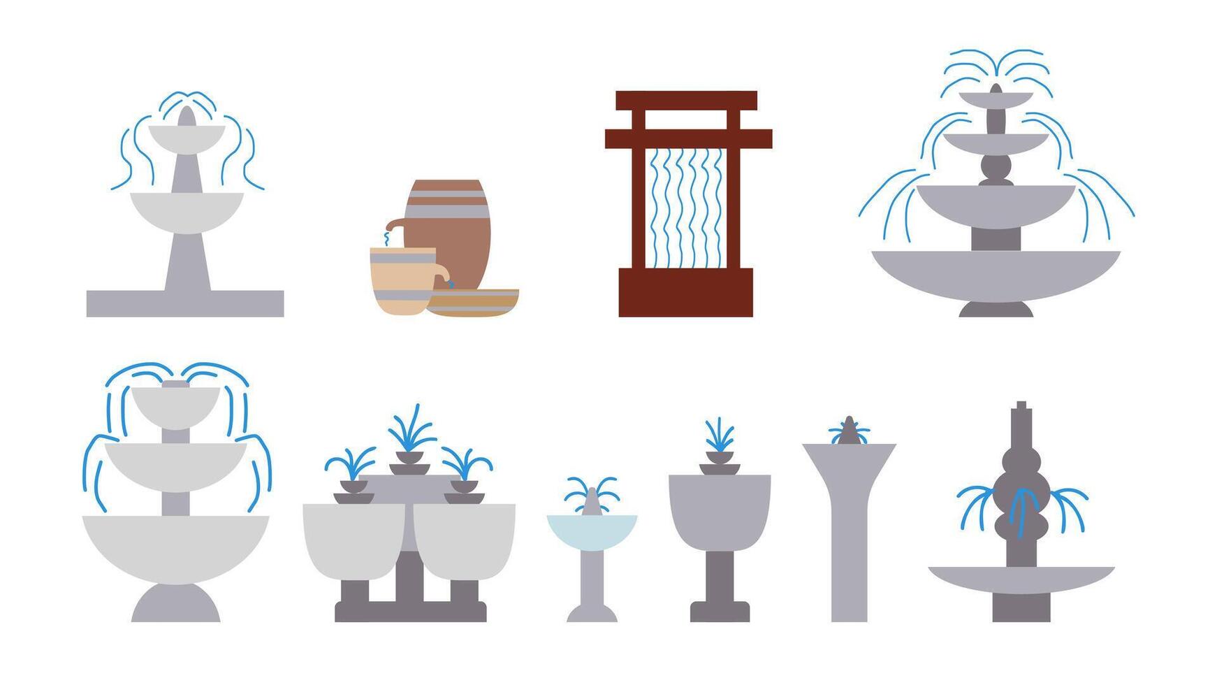 Collection of decorative and drinking fountains for city park and city, japanese garden, elements of urban infrastructure, illustrations in flat style. vector