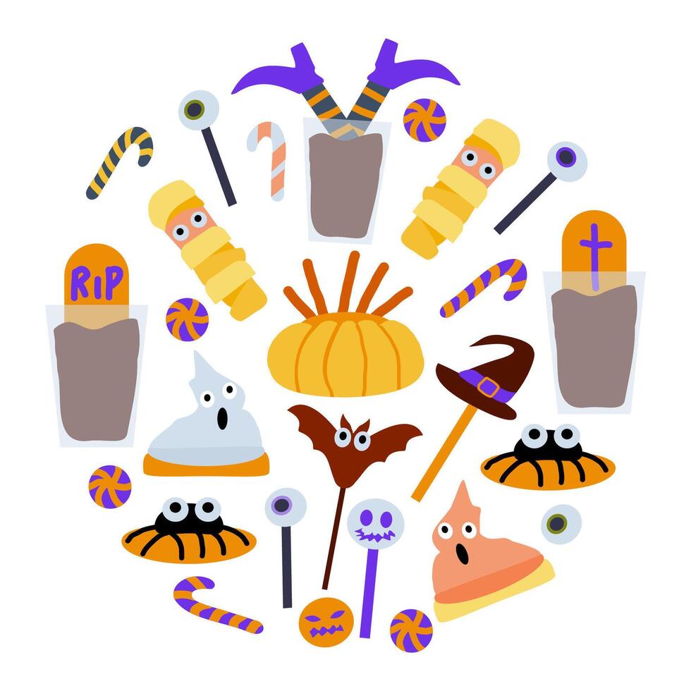 Set of cute Halloween sweets. Cute lollipops in the shape of ghosts and bats. illustration in a flat cartoon style. vector