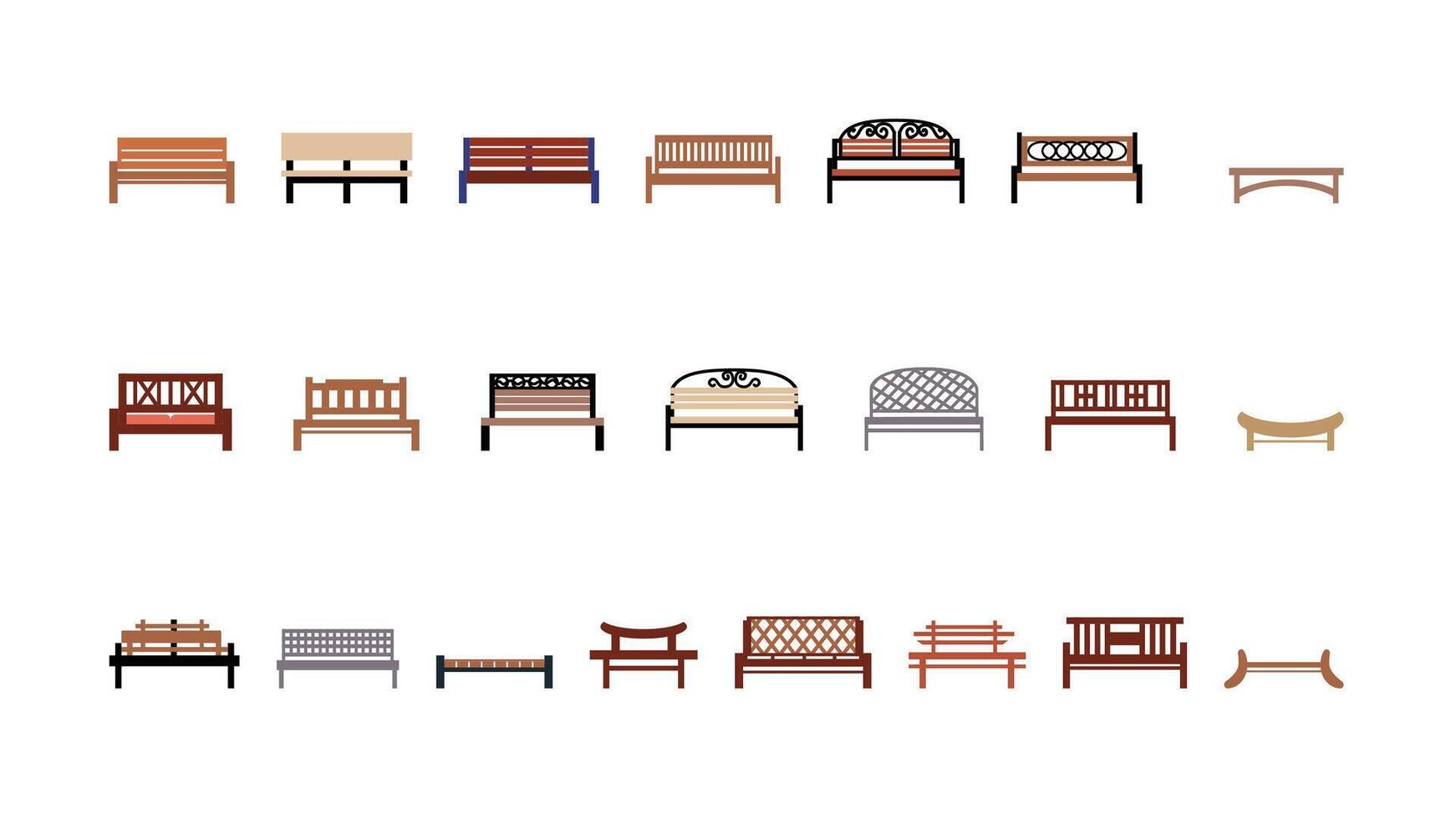 Set of icons of 22 benches in a city park, elements of urban infrastructure, illustrations in a flat style. vector