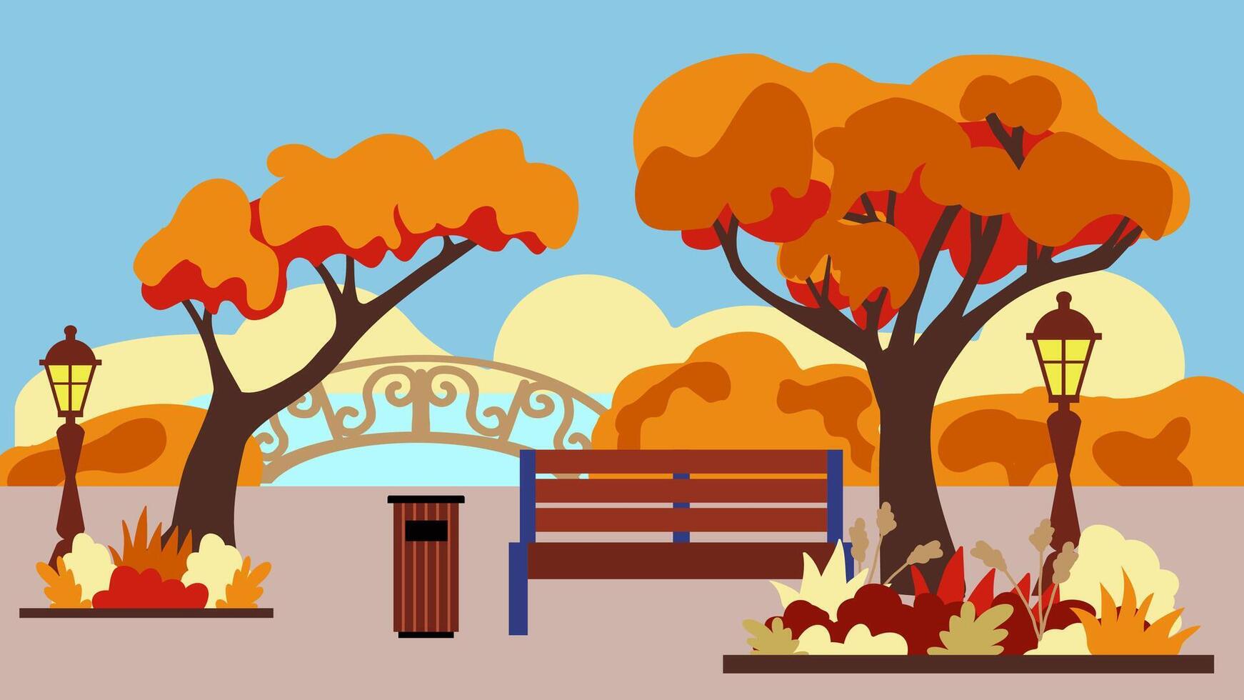 acogedor otoño parque con un tallado puente y un banco, un otoño paisaje de un linda ciudad parque con arboles con dorado follaje, un ilustración en un plano dibujos animados estilo. vector