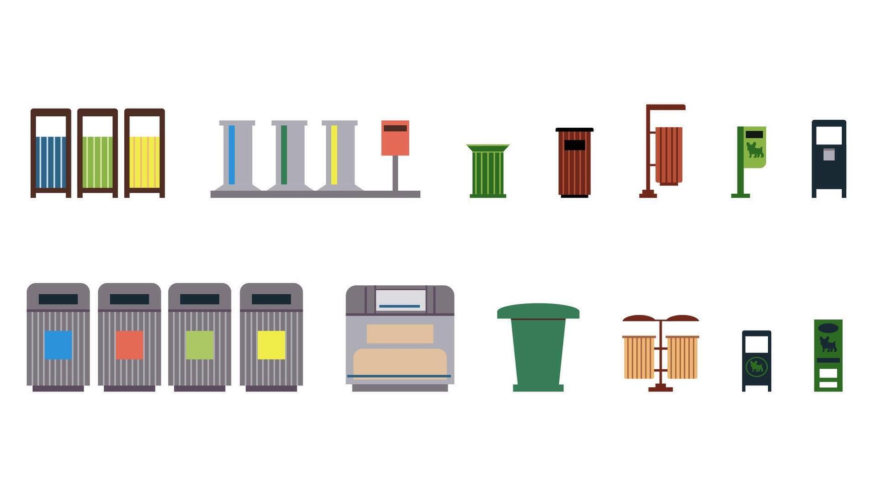 colección de dieciséis basura latas, basura latas para basura separación, parque papeleras, contenedores para perro desperdiciar. elementos de urbano infraestructura y urbano parque, ilustraciones en un plano estilo. vector