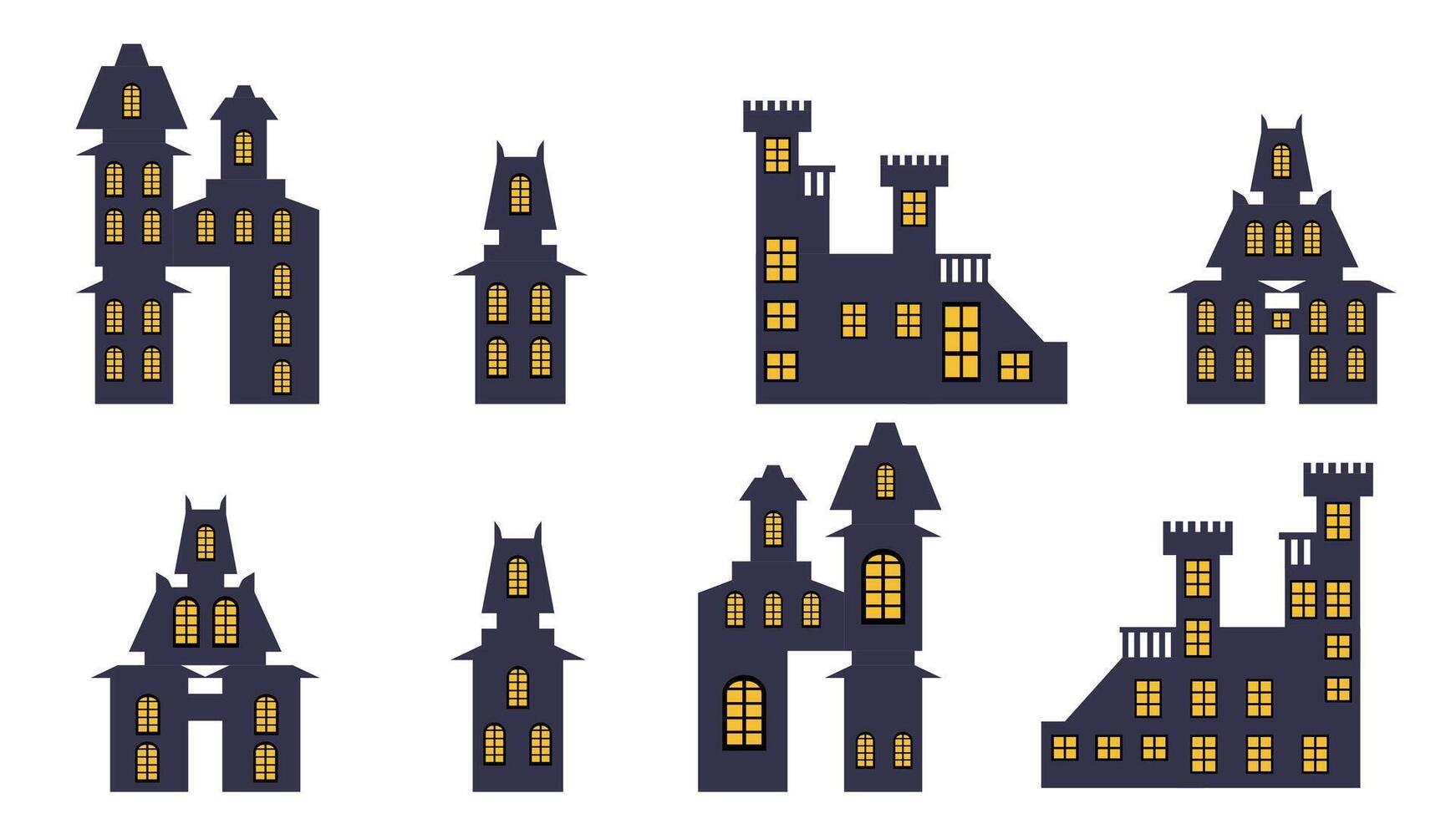 conjunto de íconos de místico casas para Víspera de Todos los Santos. ilustración en un plano estilo. vector