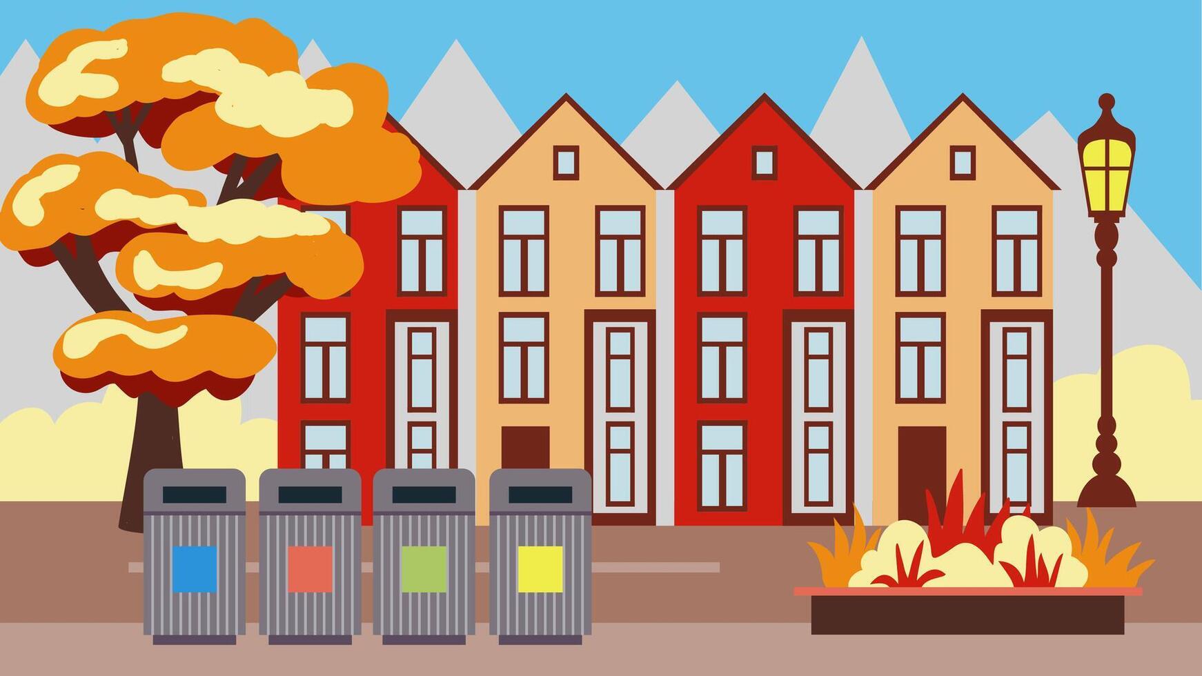 urbano paisaje de un acogedor otoño ciudad, con de poca altura edificios y casas adosadas y basura latas para separar basura recopilación, preocupación para el ambiente, ilustración en un plano dibujos animados estilo vector