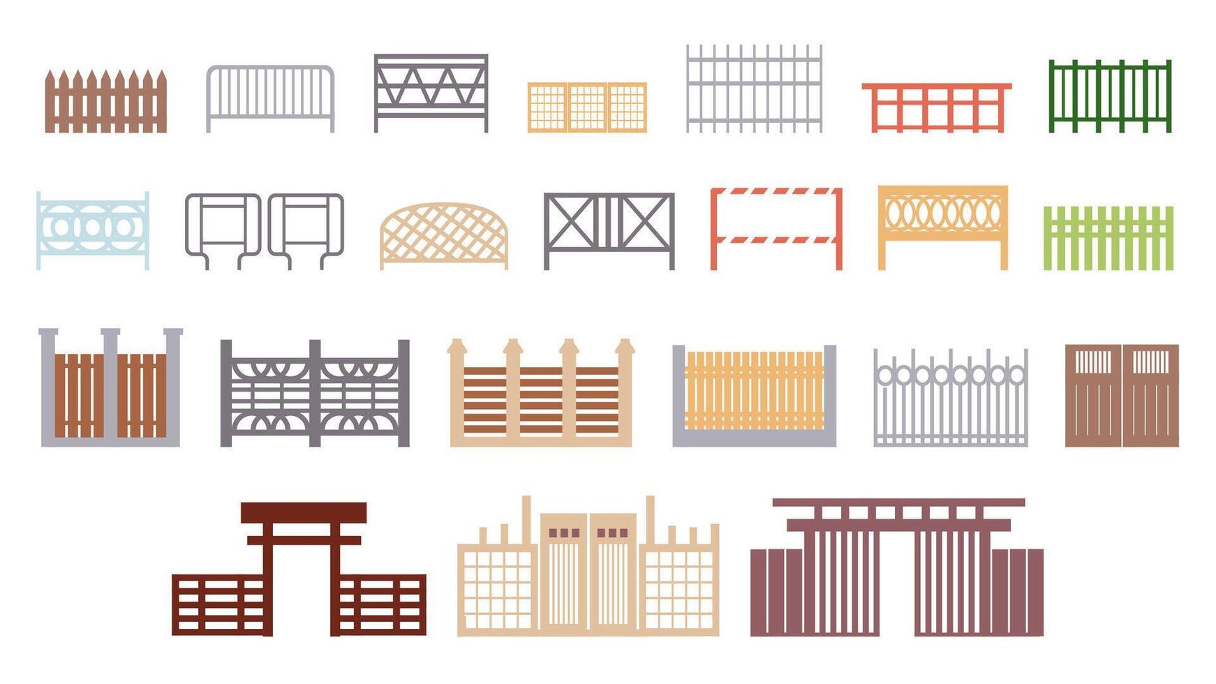 conjunto de 23 íconos de vallas y puertas, elementos de urbano infraestructura, puertas para el oriental jardín. ilustraciones en un plano dibujos animados estilo. vector