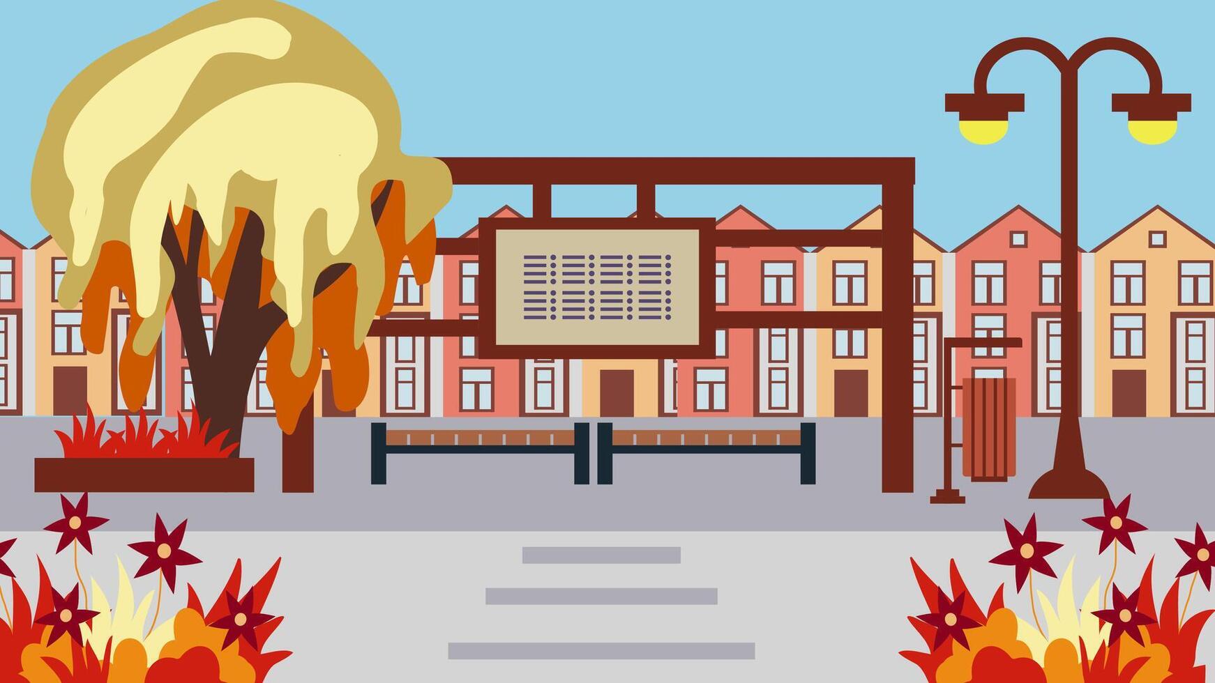 Bus stop on the background of an autumn city, cottage village, illustration in a flat cartoon style. vector