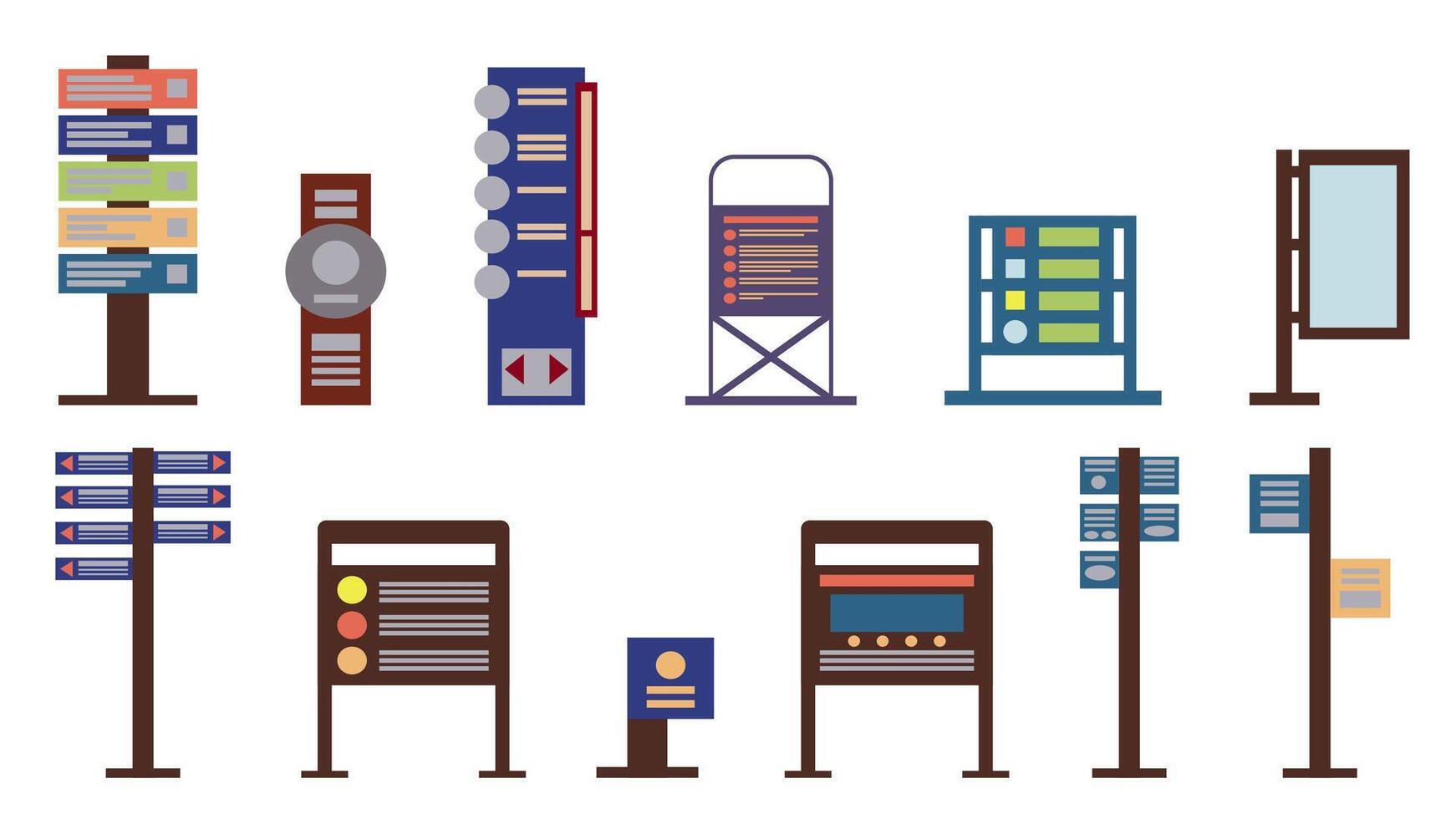 conjunto de íconos desde 12 moderno información tableros y pilares, elementos de urbano infraestructura y urbano parques, ilustraciones en plano estilo vector