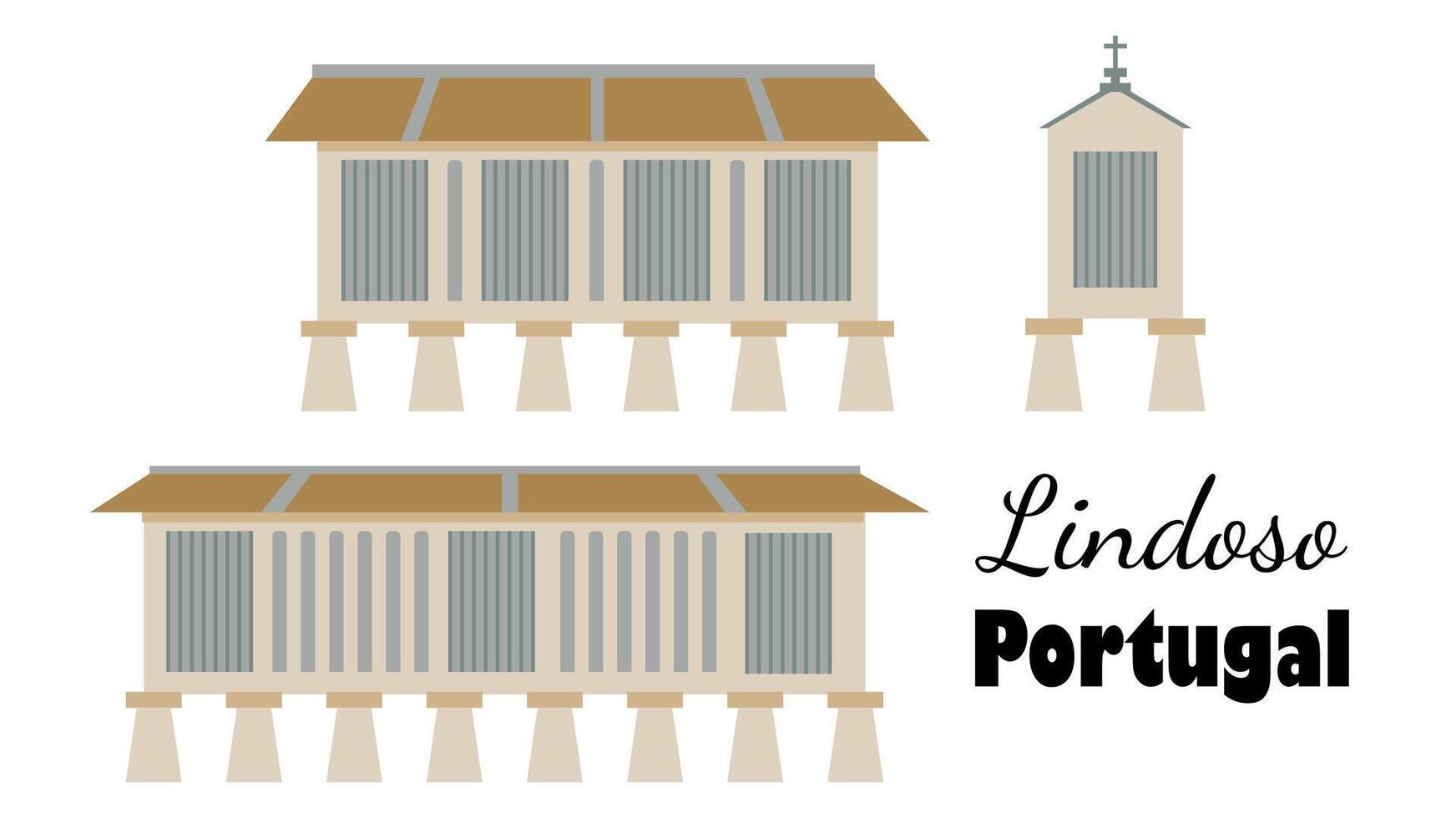 Lindoso Portugal. Ancient barns raised above the ground to protect the grain from rodents. Flat-style illustration vector
