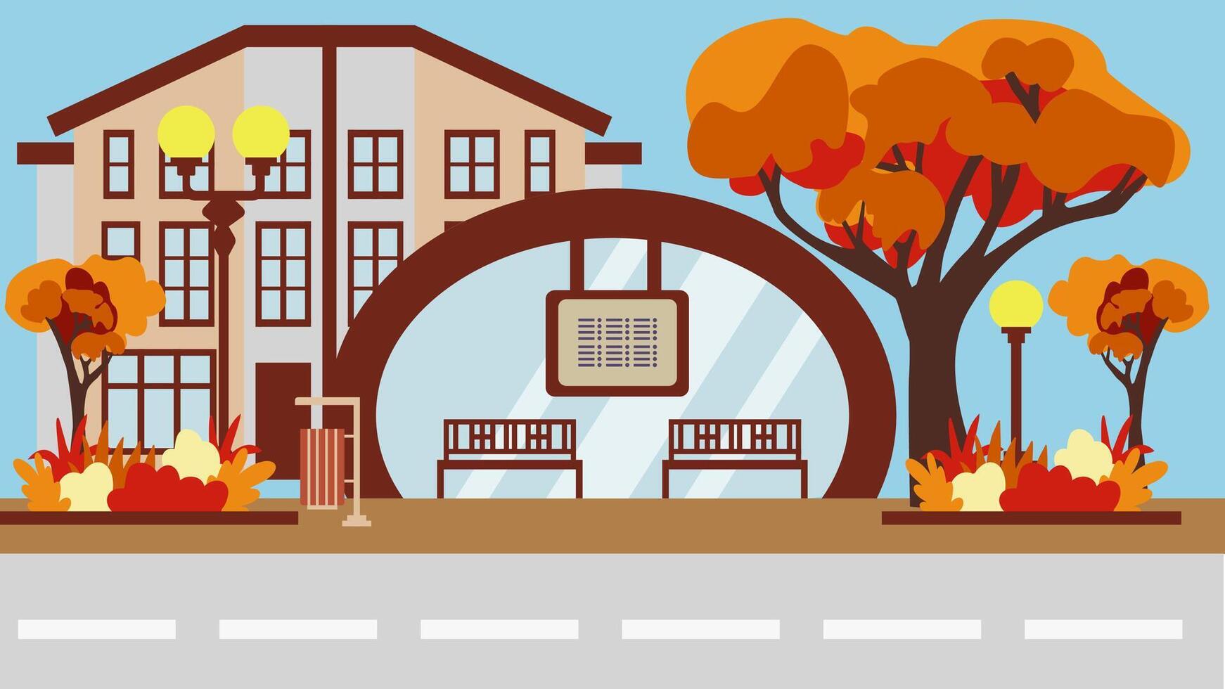 Autumn street with a bus stop and a modern duplex house, a transport stop in a cottage section, an urban landscape, an illustration in a flat style. vector