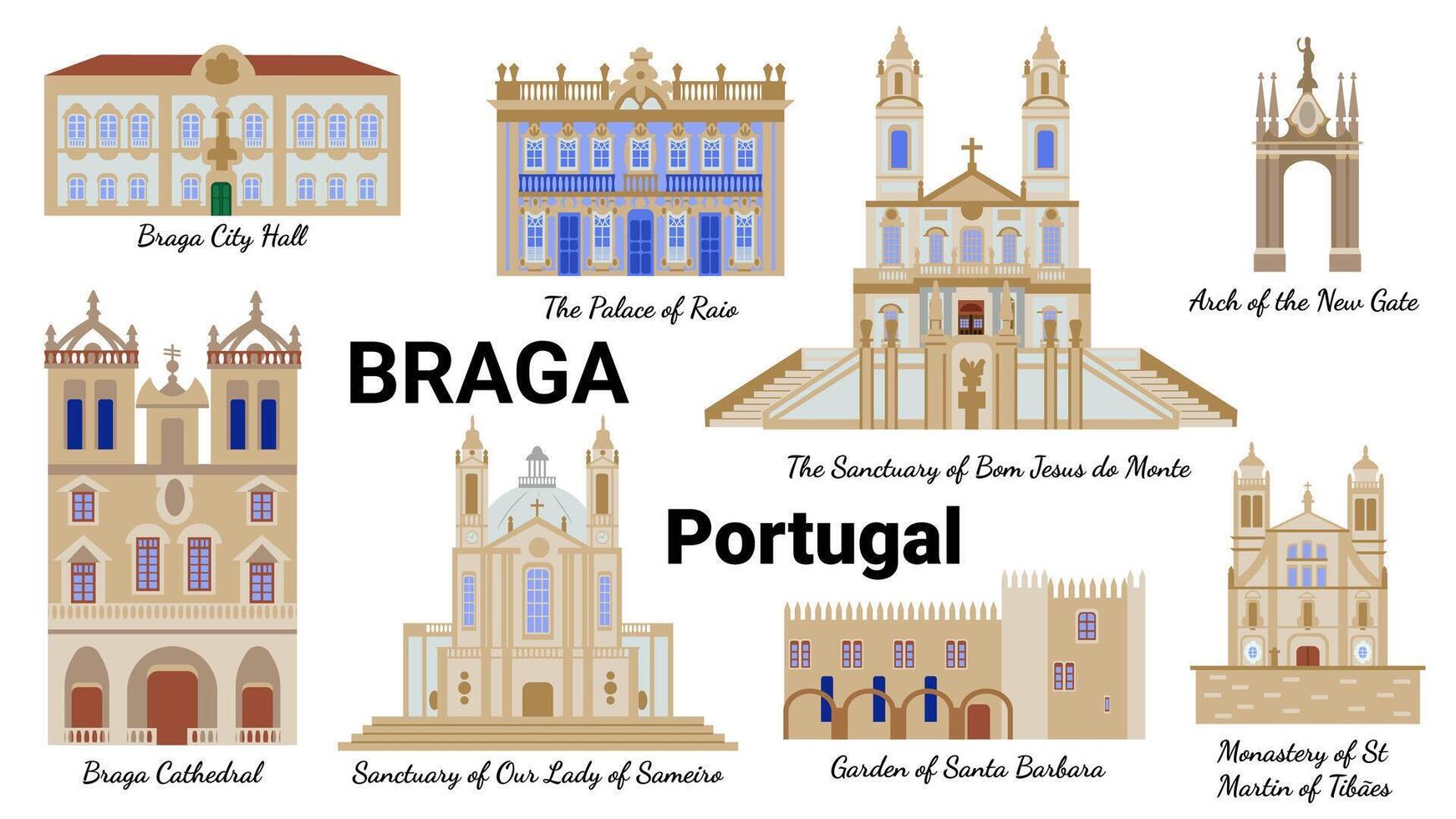 arquitectónico monumentos de braga Portugal, un conjunto de linda íconos pintado en un plano dibujos animados estilo, recuerdo tarjeta postal. vector