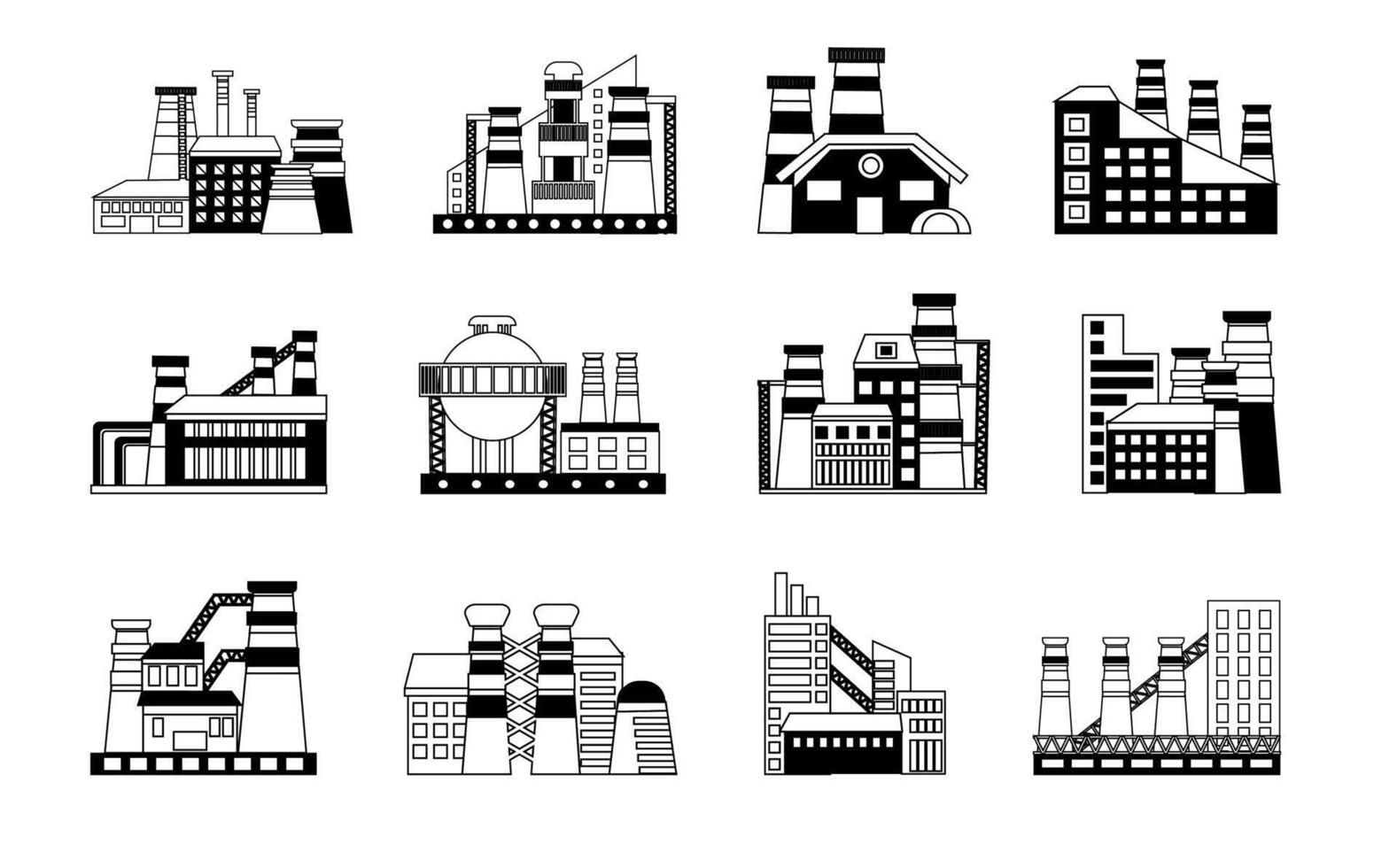 Set of infographics of Industrial factories in line style isolated on a white background. industrial buildings concept. Industrial complex. Power plants with chimneys, pipes and tanks vector