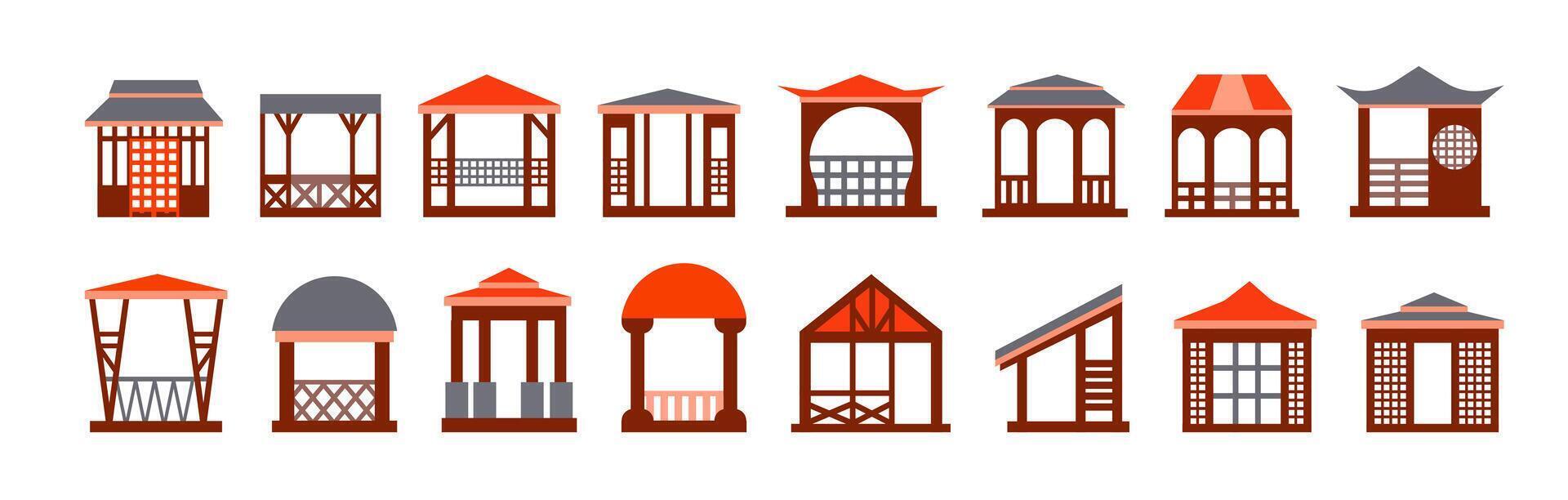 set of options for gazebos for Japanese and Chinese gardens. Collection icons in flat cartoon style for landscape design and construction isolated on white background vector