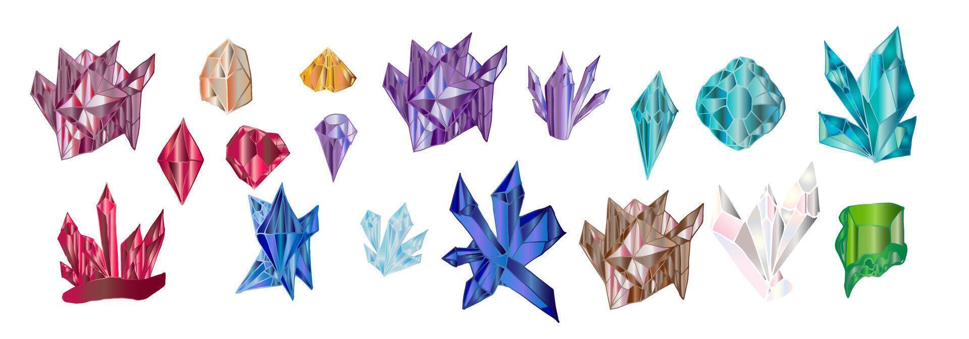 Set of colored crystals of sapphire, lapis lazuli, emerald, ruby, amethyst, topaz, cubic zirconia. illustration of a collection of minerals isolated on a white background.Alternative medicine. vector