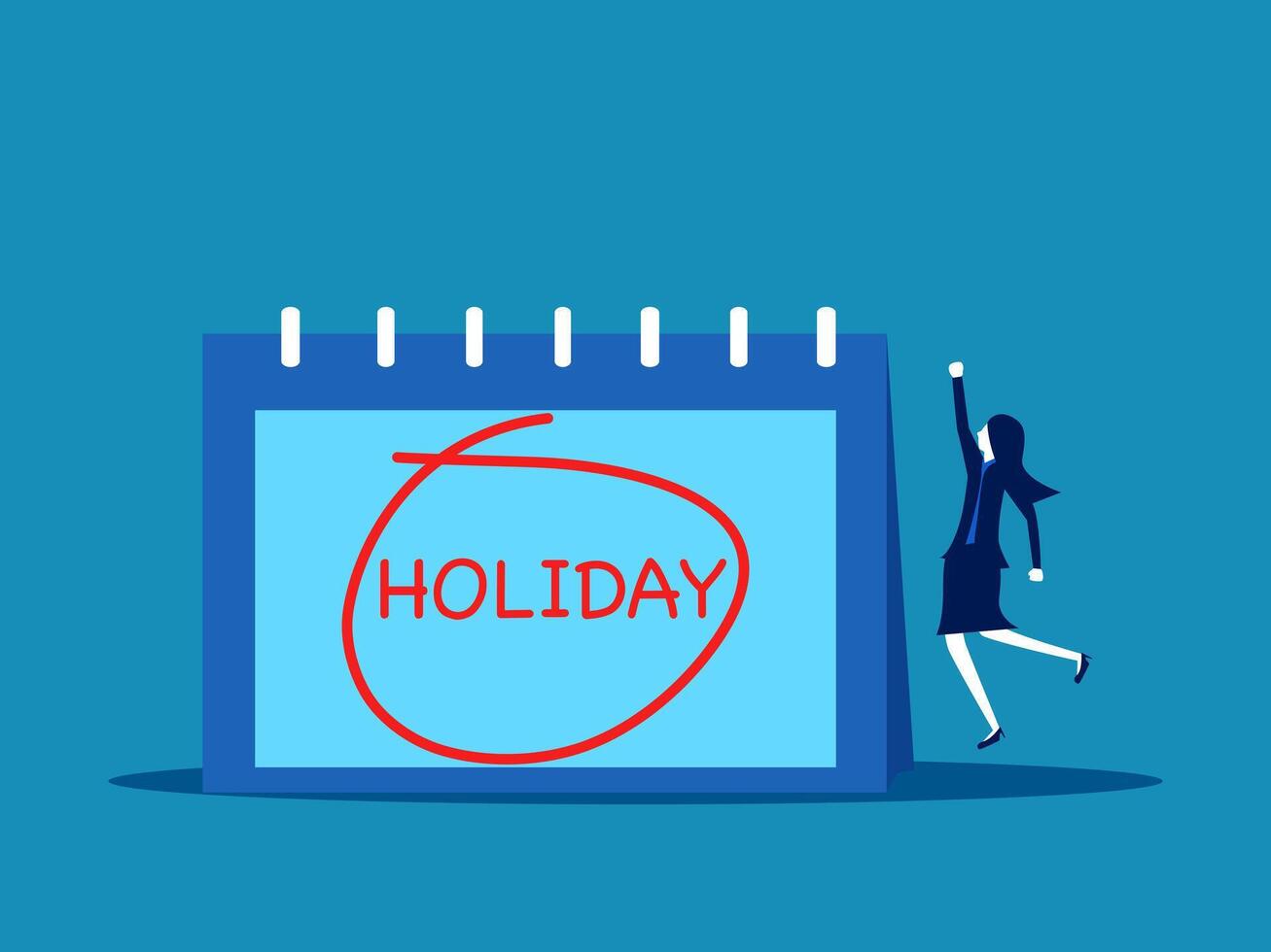 day to rest and recharge. Businesswoman jumping with joy to celebrate holiday with calendar vector