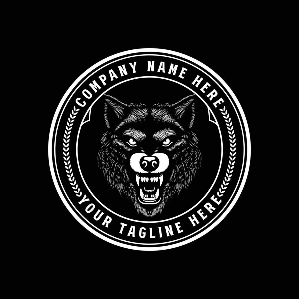 Clásico retro mano dibujado rugido enojado lobo perro cabeza Insignia emblema etiqueta diseño vector