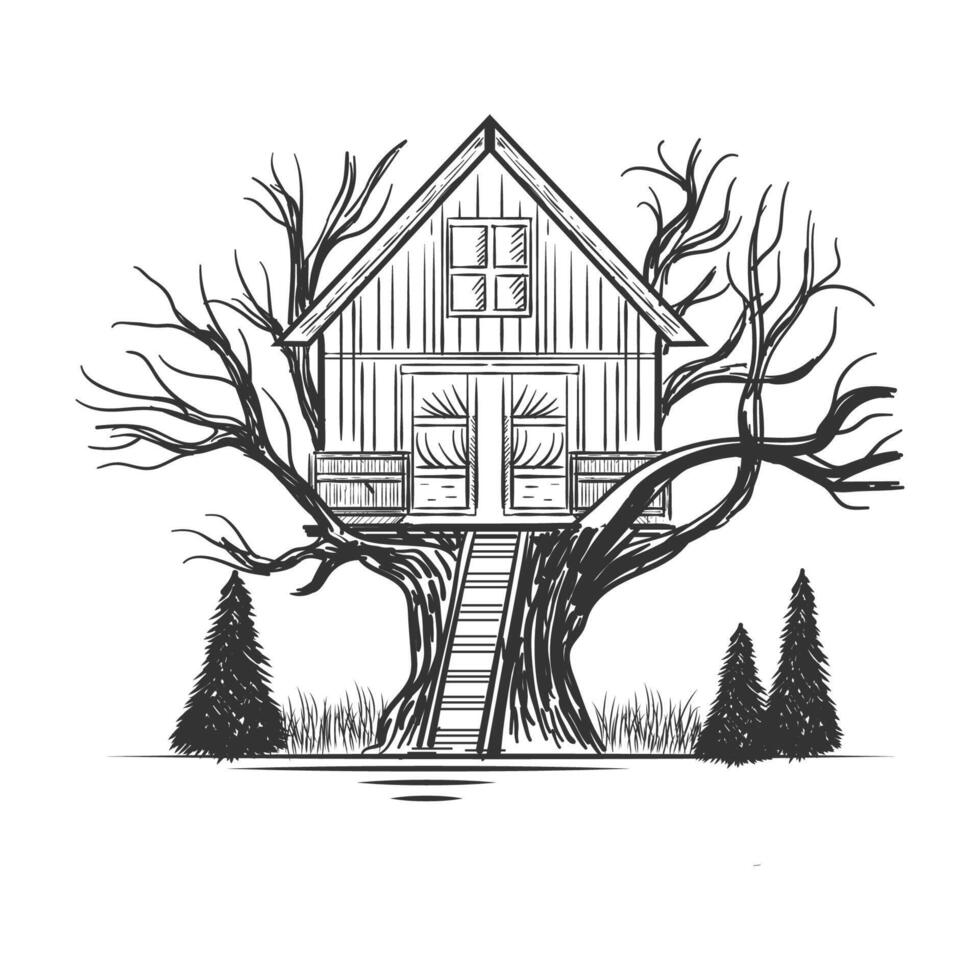 Vintage Oak Tree Cabin Cottage Chalet Lodge House Illustration vector
