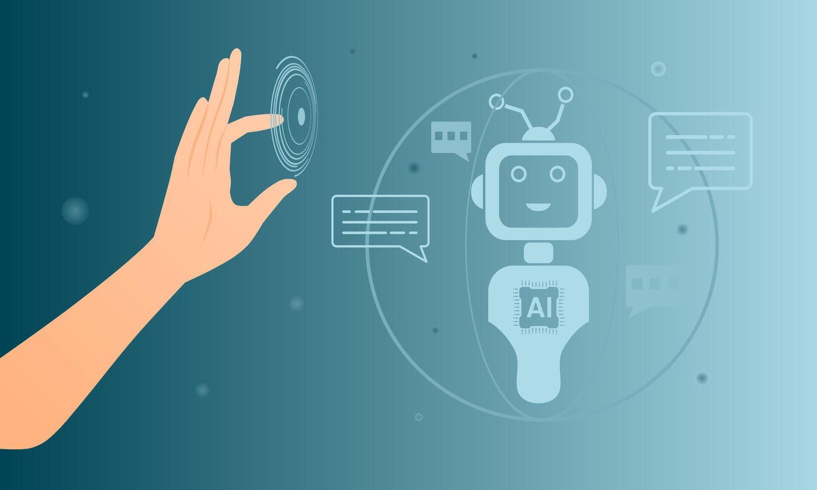 Hand touching on virtual screen to communicate with artificial intelligence robot or chatbot technology concept. vector