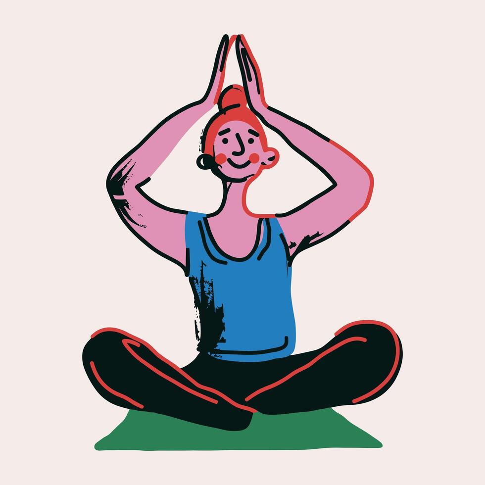 contento mujer es sentado en yoga actitud en verde estera. su piernas cruzado y manos encima su cabeza. loto posición mientras meditando vector