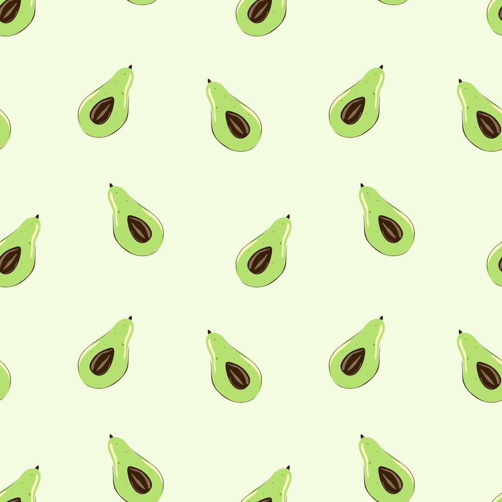 Ripe, juicy avocado cut with leaves, seamless geometric pattern.Hand drawn in doodle style.Design for printing on fabrics, holiday and confectionery packaging, wallpaper, wrapping and scrap vector